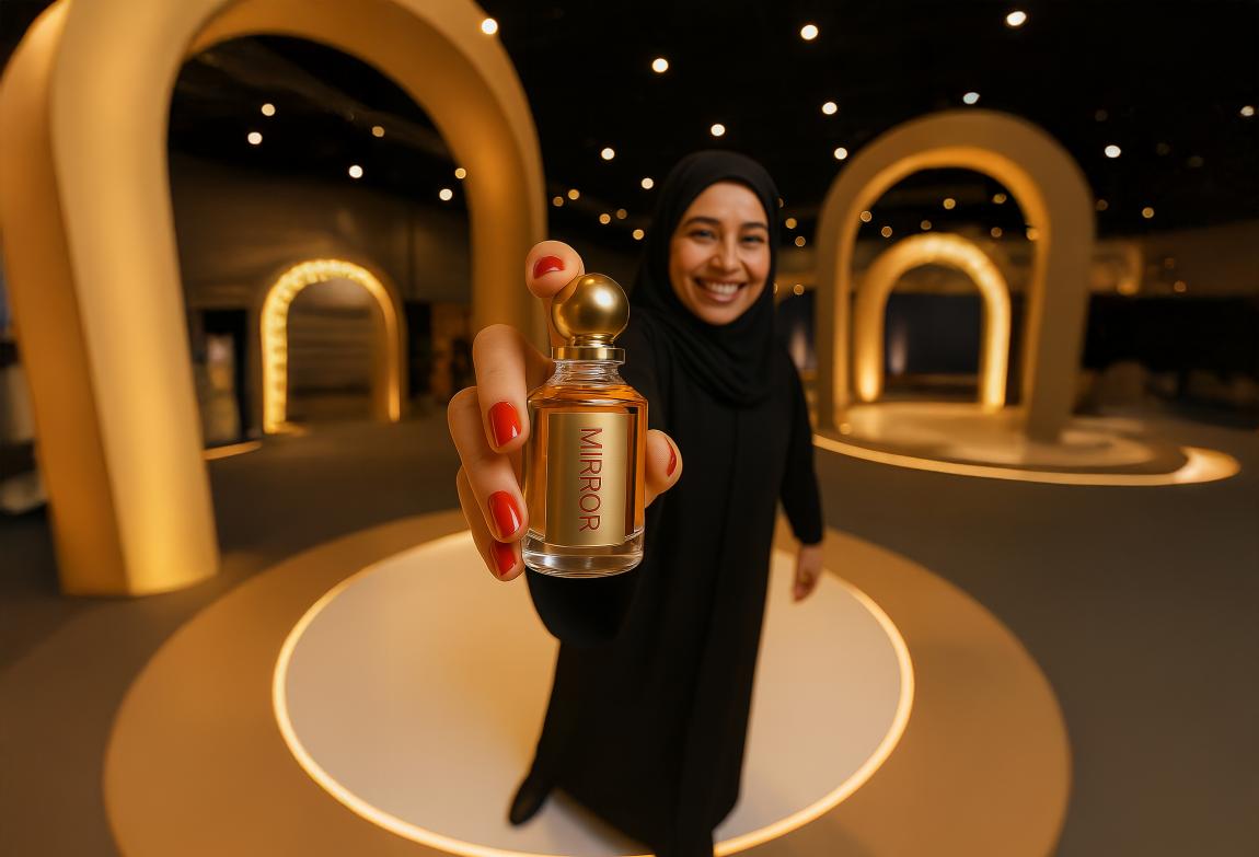 Guests creating custom fragrances at a luxury perfume bar during a corporate event in Dubai, hosted by Mirror Booth Dubai for an interactive brand experience.
